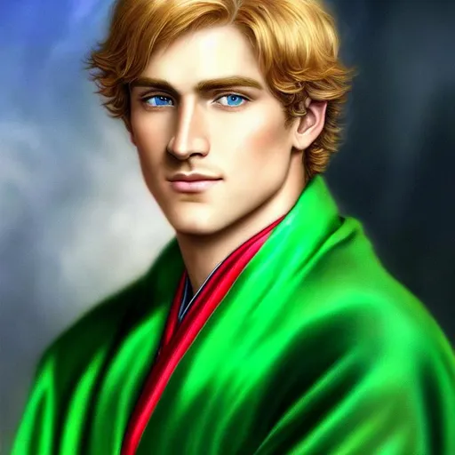 Prompt: Hyper realistic fantasy art of a young adult man with short hair colored strawberry blonde. His face has dark laugh lines, light wrinkles on the forehead, and crow's feet. He has green eyes, a medium skin tone with blue and red undertones, a friendly, round face, a weak chin, and shallow cheekbones. He's wearing a light green and blue religious robe. rpg game, concept art, fantasy, by alex ross