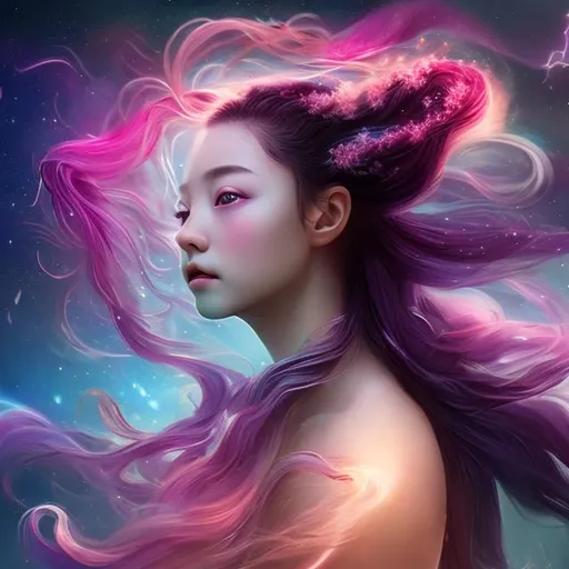 Prompt: Bloom, Nebula, Young girl, Long Flowing hair, Flowery, Dynasty