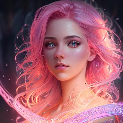 Prompt: incredibly detailed, glowing Luminous magical currents unusual magic elements, cinematic digital art, cinematic lighting, Gorgeous hyper-detailed, smooth and clear intricate details, inspired by Greg Rutkowski, photorealism, hyperdetailed,  #Prisi# young woman with pink hair hyperrealism 12k resolution complementary colors wide-angle lens sunny