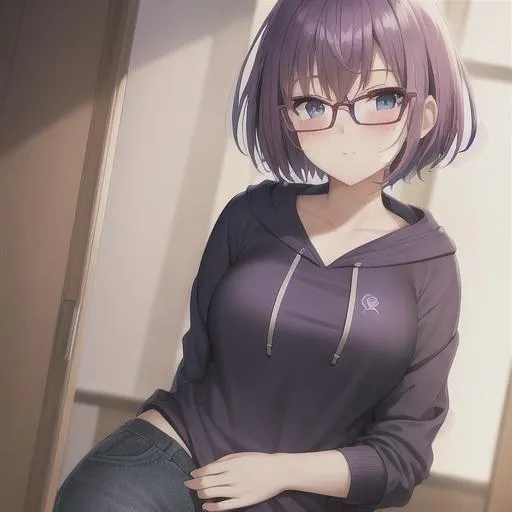 Prompt: A woman, purple hair, short hair, big round glasses, dark hoodie with shirt under, blue eyes, happy, blushing, cosy, moody, flat chest, freckles, cute looking,