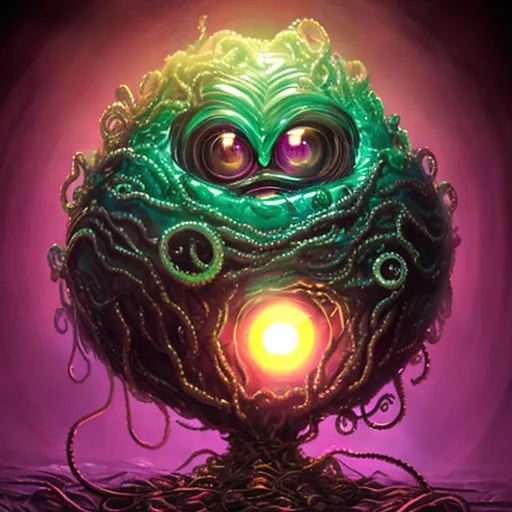 Prompt: lovecraftian creature hatching from a very bright ball of light kind of egg, glowing magenta