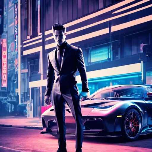 Prompt: A photo of man in his thirties standing leaning towards the pole with black suit and retro car by his side
Hyper realistic, sophisticated, volumetric lighting 
Comic style, retro
High quality
Vivid colours
Black Smokey background 