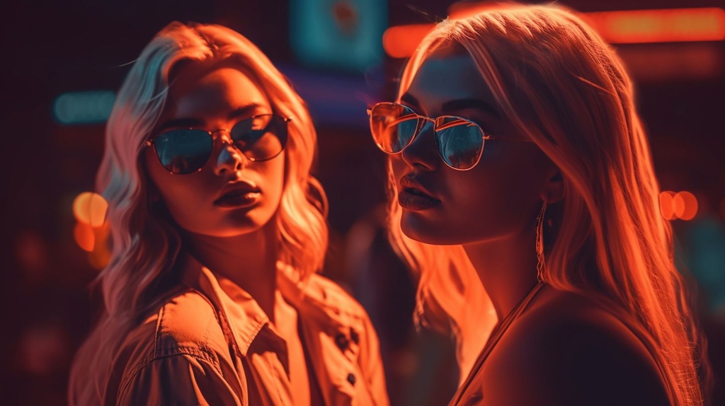 Prompt: two blond girls in neon light at nightclub of new york, in the style of realistic hyper-detailed portraits, dreamlike illustrations, seaside scenes, ultra realistic, vibrant street scenes, bronze, sun-kissed palettes