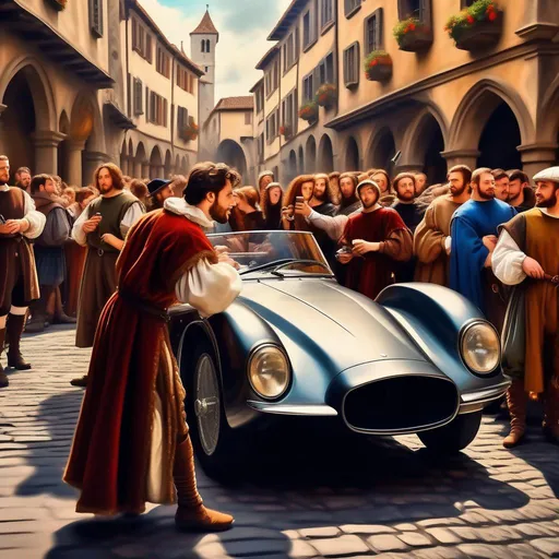 Prompt: Handsome young and rich medieval man driving a luxurious sportscar in a crowded medieval street, some people dressed in Renaissance clothes watching the scene and taking photos, oil painting, 16th century, realistic, in the style of Michelangelo. 