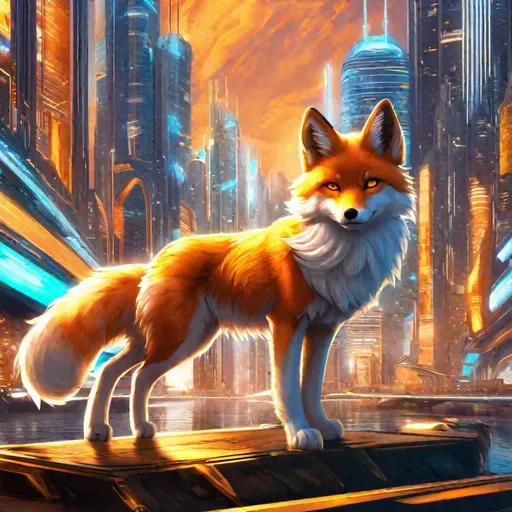 Prompt: (masterpiece, 2D, hyper detailed, epic digital art, professional illustration, fine colored pencil), Adolescent runt ((kitsune)), (canine quadruped), nine-tailed fox, dreamy amber eyes, fuzzy {white-gold} pelt, (golden necklace with brilliant orange gemstone), pointy brown ears, in a large futuristic city, skyscrapers tower above her, misty rain, clear puddles on floor, the city lights up against twilight, possesses ice, timid, curious, cautious, nervous, alert, expressive bashful gaze, slender, scrawny, fluffy gold mane, {frost} on face, dynamic perspective, frost on fur, fur is frosted, sparkling ice crystals in sky, sparkling ice crystals on fur, sparkling rain falling, frost on leaves, dreamy, melodic, highly detailed character, petite body, large ears, full body focus, perfect composition, trending art, 64K, 3D, illustration, professional, studio quality, UHD, HDR, vibrant colors