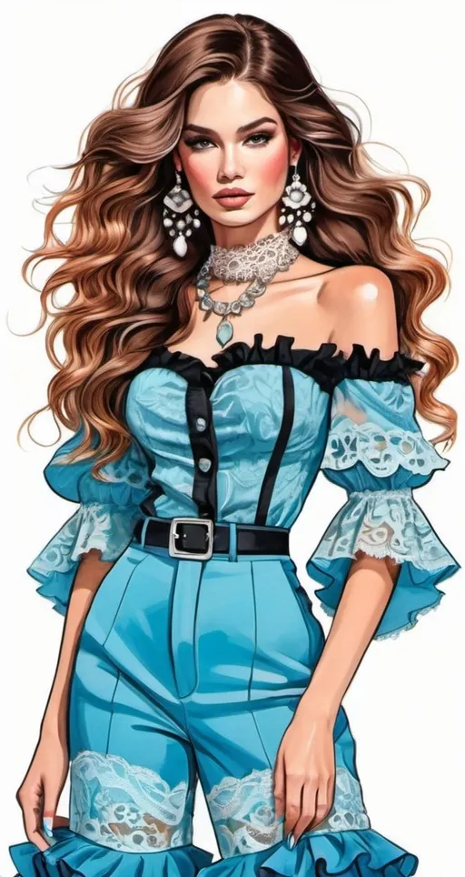 Prompt: professional fashion illustration portrait, feminine streetwear boho outfit, grunge rococo meets classic glam, refined, bright vivid contrasting colors, long hair, ruffles, lace, puff sleeves, captivating silhouette