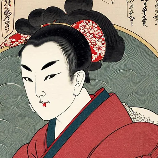 Prompt: Ukiyo-e is a genre of Japanese art which flourished from the 17th through 19th centuries. Its artists produced woodblock prints and paintings of such subjects as female beauties; kabuki actors and sumo wrestlers Earth, Air, Fire, Water, lightning, ice