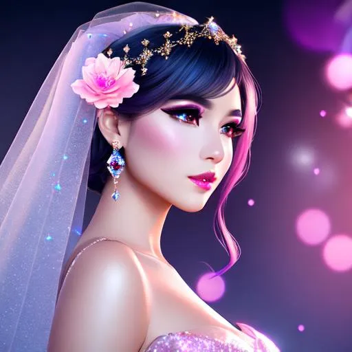 Prompt: Beautiful glamorous and sweet and reflexive and spiritual girl of warm glaze, silk, veil, wearing vaporous diamantine night dress, discrete make up, glowing up, light sparkles, drapping,  big lips, pink cheeks,  aquous, translucid, unreal engine 8k octane, 3d lightning, stellar, quartz, gem rain, soft white skin, long wavy hair, nice smile, luminous chest, fantasy