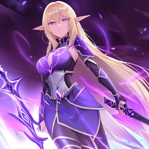 Prompt: blond-hair glowing-eyes female void-elf death-knight two-handed sword in ground 