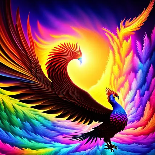 Prompt: color Fractal geometry exists in the background knowledge of the world, full color Fractal geometry exists in the foreground knowledge of the world, perfect detailed pompous phoenix bird, holding the bright sun with its claw, a painting photography technique, amazing colors.

