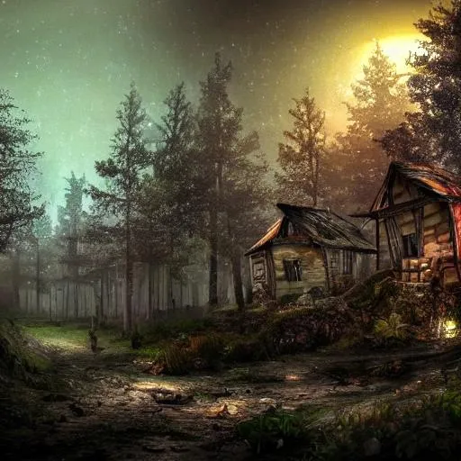 Prompt: an abandoned forest village with several houses at night no lights. dnd. fantasy. high definition