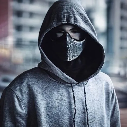 Prompt: A realistic man with a black hoodie and a cyberpunk style mask