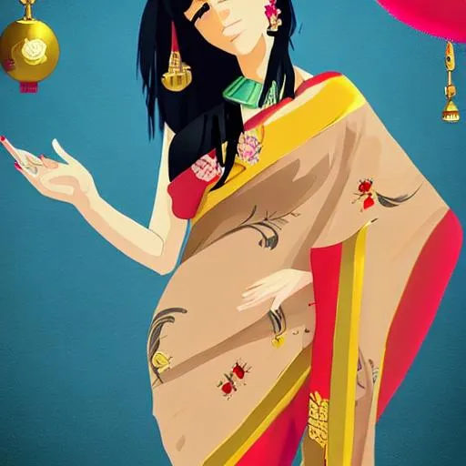 Prompt: beautiful woman with long black hair wearing saree, adorned with gold ornaments, standing character, soft smooth lighting, loud colours, studio ghibli, polycount, modular constructivism, pop surrealism, physically based rendering
