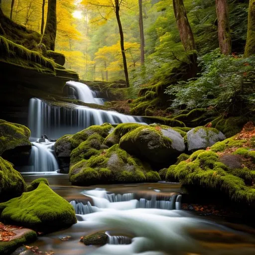 Prompt: River, cascading waterfall, daytime forest background, erosion, gorge, mossy rocks, rule of thirds, golden hour, golden ratio, long exposure, Hyperrealism, lightshafts, soft dramatic lighting, ultra high quality octane render, trending on artstation, sublime. hypermaximalist.