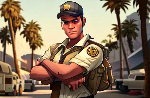 Prompt: Scout from Team Fortress 2 in Grand Theft Auto 5, beautiful, at a beach, palm trees, beach ball on ground,sunny day, highly detailed, realistic, los santos