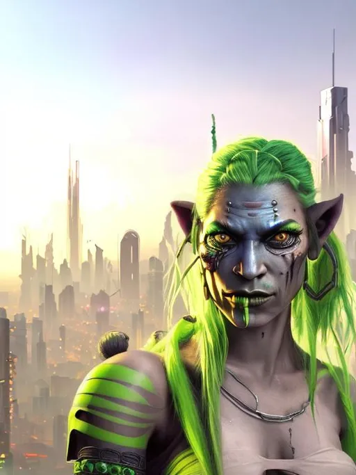 Prompt: A highly detailed beautiful female orc shadowrun shaman character with lightgreen yellow skin in front of cyberpunk city