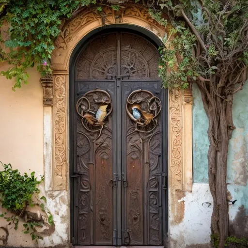 Prompt: old door with Art Nouveau style,  and figs tree on the sides with birds