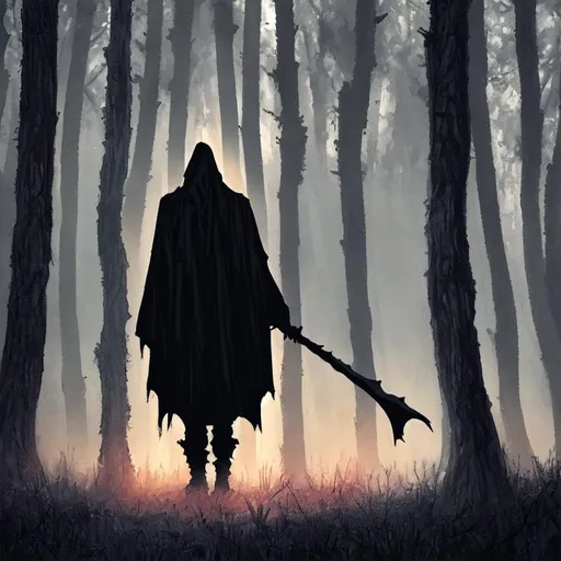 Prompt: Death standing in a forest, ominous, hooded figure, sunset, hidden face, grim reaper, dark wings