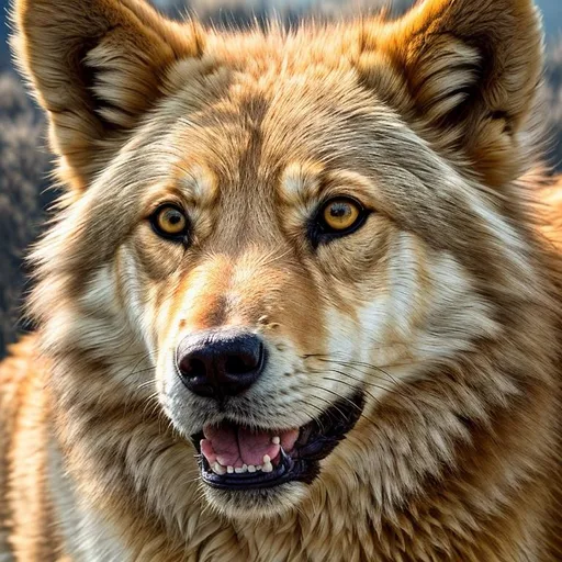 Prompt: UHD, highly detailed, 64k, professional, perfect composition, studio lighting, vibrant anbient gold lighting, golden wolf, with (bright silver gleaming eyes:15) , hyper realistic soft luxurious fur, deep beautiful highly detailed eyes, wild billowing fur, highly detailed pastel orange clouds, golden sunset, dynamic, bold, fearless, terrifying, beautifully detailed intense shading, highly detailed mouth, howling, song of the wild