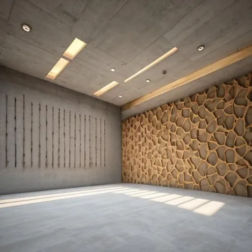 Prompt: muslim prayer hall exposed concrete wall interior design with timber flooring, walls only no windows
