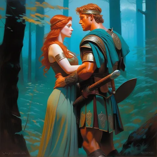 Prompt: Roman soldier impregnating ancient Celtic girl, pale skin, freckles, ginger hair, teal eyes, forest at night, fog, blue atmosphere, cartoony style, extremely detailed painting by Greg Rutkowski and by Henry Justice Ford and by Steve Henderson 