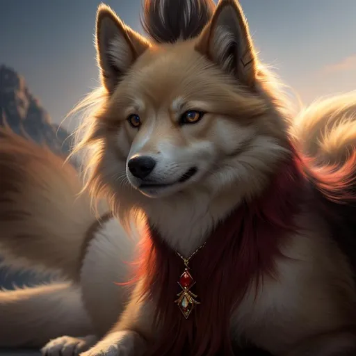 Prompt: 8k, 3D, UHD, masterpiece, oil painting, best quality, artstation, hyper realistic, photograph, perfect composition, zoomed out view of character, 8k eyes, Portrait of a (beautiful Ninetales), {canine quadruped}, thick glistening gold fur, deep sinister (crimson eyes), ageless, lives a thousand years, epic anime portrait, vindictive, angry, growling, vengeful, wearing a beautiful (silky scarlet and gold scarf), thick white mane with fluffy golden crest, golden magic fur lighlights, studio lighting, animated, sharp focus, intricately detailed fur, graceful, regal, cinematic, magnificent, sharp detailed eyes, beautifully detailed face, highly detailed starry sky with pastel pink clouds, ambient golden light, perfect proportions, nine beautiful tails with pale orange tips, insanely beautiful, highly detailed mouth, symmetric, sharp focus, golden ratio, complementary colors, perfect composition, professional, unreal engine, high octane render, highly detailed mouth, Yuino Chiri, Anne Stokes