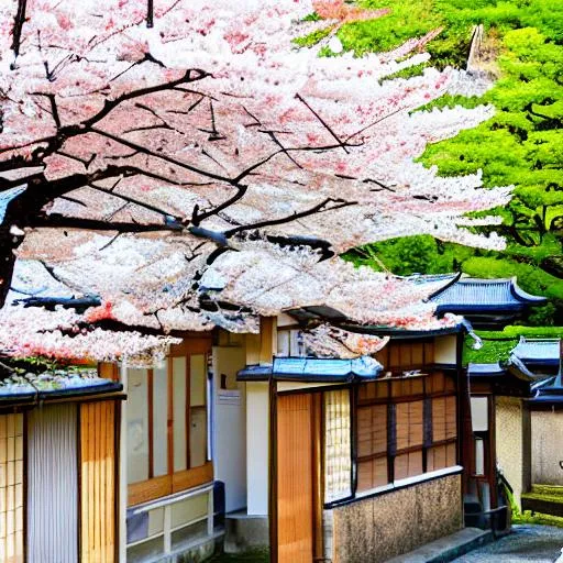 Prompt: Japanese houses and cherry blossom