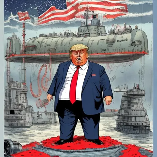 Prompt: Obese Trump  inside a blood dripping  nuclear submarine with nuclear warheads in drydock, stars and stripes, dark-blue suit, too long red tie to the floor, u-boat scene, muted colored, Sergio Aragonés MAD Magazine cartoon style