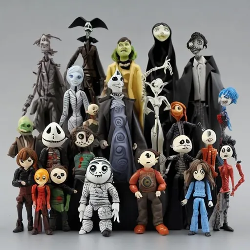 Prompt: Action figures in the style of Tim Burton 