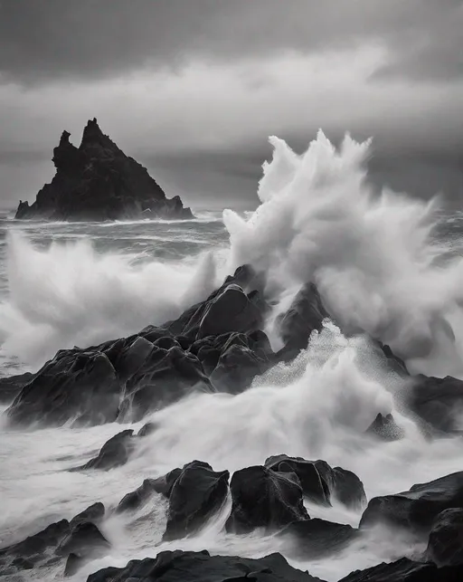 Prompt: Massive storm waves violently crashing against black volcanic rocks on a gloomy, overcast day. The brooding dark ocean water churns and foams as waves smash into the jagged rocks. Shot with a high shutter speed to freeze the motion. Moody black and white edit creates a dark, ominous mood. Minimalist composition highlights the raw power and beauty of nature. Shot with a Canon EOS R5, 70-200mm lens at f/4, 1/2000 shutter speed.