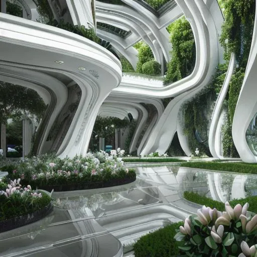 Prompt: highly detailed villa garden natural beautiful light interior soft cinematic composition of a biophilic granite marble nebula fluid white magnolias surreal scifi futuristic architecture cyberpunk landscape, Zaha Hadid style, furniture, trees, grass, bed of flowers, water, vincent callebaut composition, 8 k, unreal engine, hdr