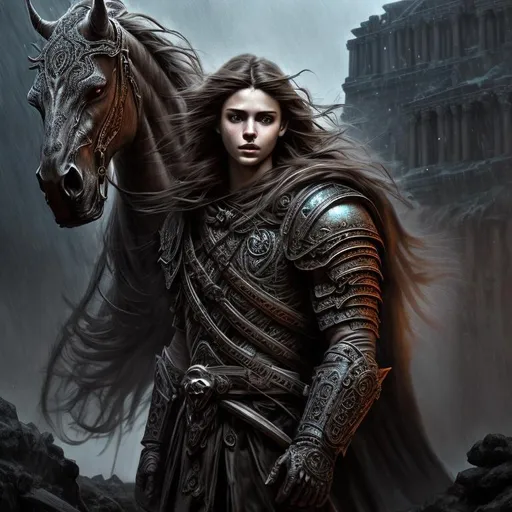 Prompt: Epic, Heroic, fantasy, ominous, cinematic lighting, 3D, HD, [{Rugged Handsome!}Male with {Long brown hair with gray highlights}, wearing armor with intricate skulls, Beautiful big eyes], {Greek}mythology, mist, expansive ancient Greek background, hyper realistic, uber detailed, 64k, high quality, sharp focus, intricate details, highly detailed --s98500