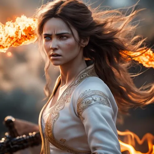 Prompt: A 4k ultra hd highly detailed image of a female angel carrying one flaming sword, wearing a thin white robe stained with dirt and dried blood, on a battlefield. Super realistic face details, very detailed hair, natural and super realistic.  Large eyes with detailed iris. An amazingly accurate and realistic depiction. The details are so vivid that it feels like you can reach out and touch the character. Imposing and amazingly realistic, with every hair and pore rendered in exquisite detail. --v 5.1, Accurate proportions, children's book style, by alejandro bursido and cuno amiet, highly detailed, trending on artstation, tilt shift.