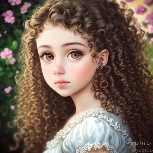 Prompt: 
 realistic portrait of a very beautiful young girl cute nose perfect lips intricate girlish charm curly hair