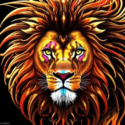 Prompt: beautiful freeform colorful chaos epic bold, 3D, HD, {one}({liquid metal {African}Lion} with {Orange gold brown red silver black}ink), expansive psychedelic background --s99500 