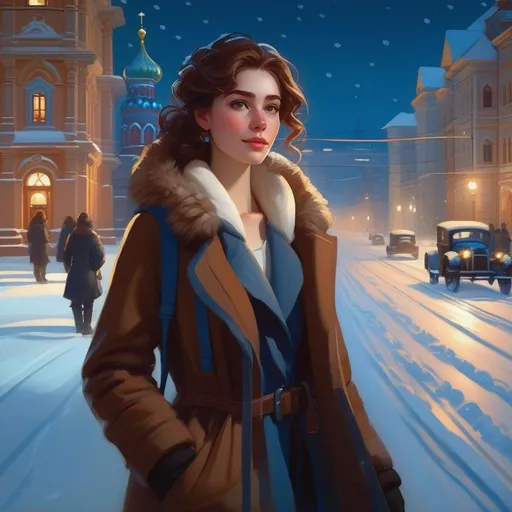 Prompt: Third person, gameplay, Russian girl, pale skin, freckles, curly brown hair, brown eyes, 2020s, smartphone, Moscow, night, snow, blue atmosphere, cartoony style, extremely detailed painting by Greg Rutkowski and by Henry Justice Ford and by Steve Henderson 