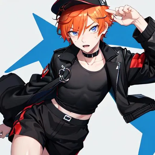 Prompt: Erikku male (short ginger hair, freckles, right eye blue left eye purple) muscular, UHD, 8K, Highly detailed, insane detail, best quality, high quality. wearing a sideways baseball cap, black jacket, black shorts, streetwear