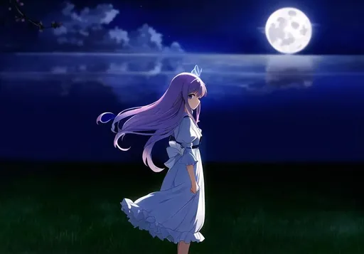 Prompt: anime style, (masterpiece, best quality:1.2), illustration, absurdres, highres, extremely detailed, 1 girl, purple long hair, white dress, short puffy sleeves, frills, outdoors, glass , fluttering glass, upper body, (moon:1.2), night, depth of field, (:d:0.8), chromatic aberration abuse, pastel color, Depth of field, plain of the moon, purple tint,(purple fog:1.3)
