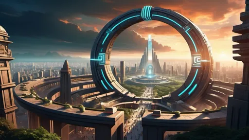 Prompt: magical portal between cities realms worlds kingdoms, circular portal, ring standing on edge, upright ring, freestanding ring, hieroglyphs on ring, complete ring, ancient aztec architecture, zigurat, pylons, gardens, hotels, office buildings, shopping malls, large wide-open city plaza, panoramic view, futuristic cyberpunk tech-noir setting, open sky