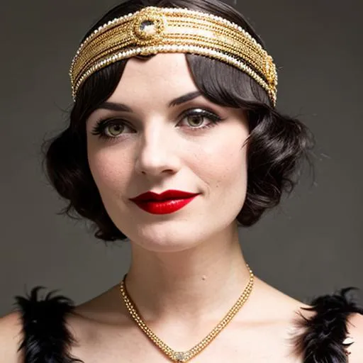 Prompt: 1920s Flapper with gold  headpiece 
