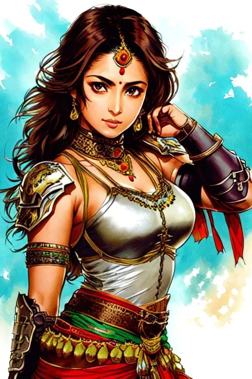 Prompt: Shining Force Concept art (((Yoji Shinkawa))), sticker of ultra detailed portrait of Sadaf Mohammed Sayed  (Indian actress who mainly appears in Telugu, Tamil, and Kannada films)in traditional indian apparel, shoulder armor, high quality cell shaded illustration in post apocalyptic style by Yoji Shinkawa, ((full body portrait)), dynamic pose, perfect anatomy, centered, freedom, soul, blue long hair, approach to perfection, cell shading, 4k , cinematic dramatic atmosphere, watercolor painting, global illumination, detailed and intricate environment, artstation, concept art, fluid and sharp focus, volumetric lighting, cinematic lighting, Art by Yoji Shinkawa,