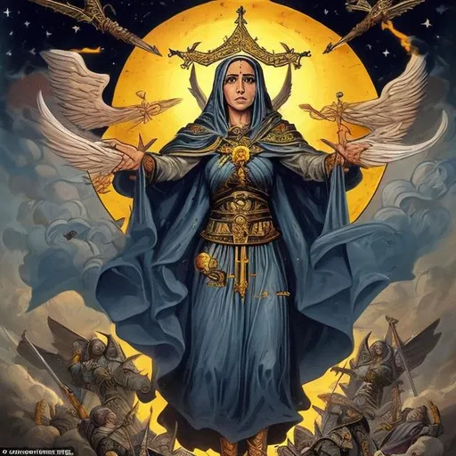 Prompt: war and armies! BEHOLD the great sign appearing in the heavens! A Chaldean virgin clothed all about with the sun, the moon under her feet, and a crown of twelve stars around her head. she commands the terrible, immense armies arrayed with banners of war