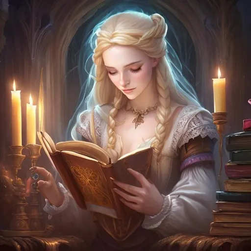 Prompt: blonde girl in renaissance clothes, reading a magic book, candles and cobwebs, style of Alayna Lemmer