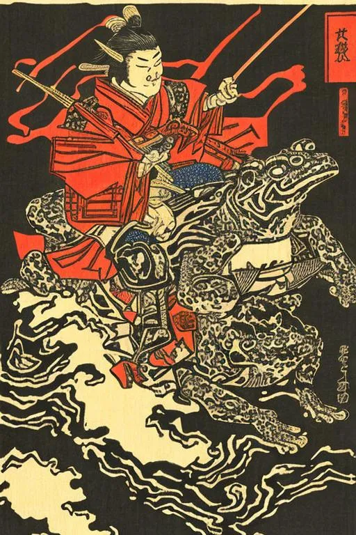 Prompt: Samurai riding toad, highly detailed, in the style of japanese woodblock art