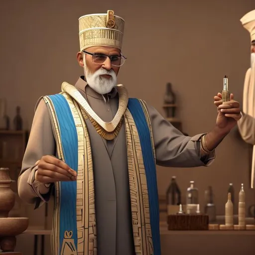 Prompt: Ancient Old man with realistic look Egyptian clothing wear, a chemist teaching people about chemistry 