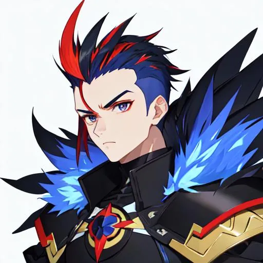 Prompt: Aster, 1 male. intimidating, blue and red with black highlights mohawk