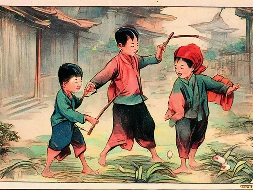 Prompt: comic style of 1900s asia children playing together
