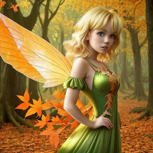 Prompt: blonde hair fairy woman, orange wings, green dress, Autumn woods background 