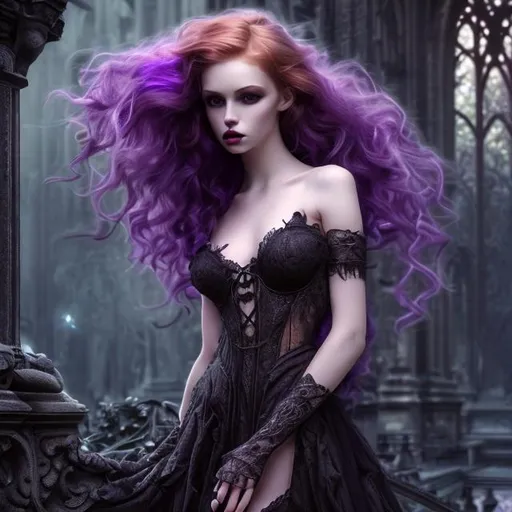 Prompt: HD 4K 3D Stunning, magic, cinematic potrait of gothic nymph, long, curly redhead hair, purple light, sunstrails, perfect female beauty, intricate, pale traslucent skin, magic, rich black dress, ethereal, goldn ratio, gorgeous body, gorgeous eyes