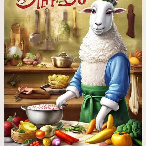 Prompt: Poster of cheff sheep cooking showing to use baffalo oil,with vegetables cutted on table ,with wearing an apron,soft pastel colors